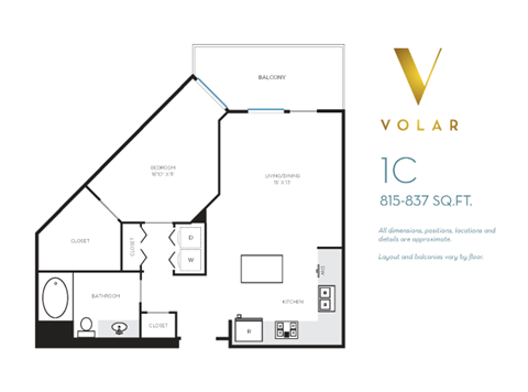 Floor plan for 1 bed, 1 bath, 815 sqft