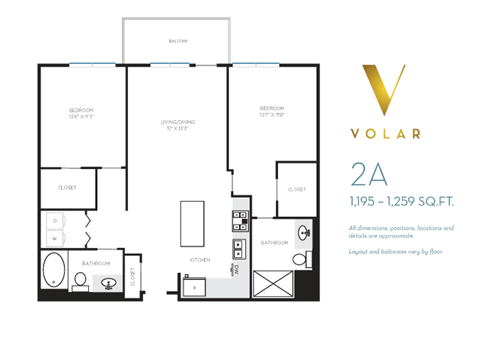 Floor plan for 2 beds, 2 baths, 1252 sqft
