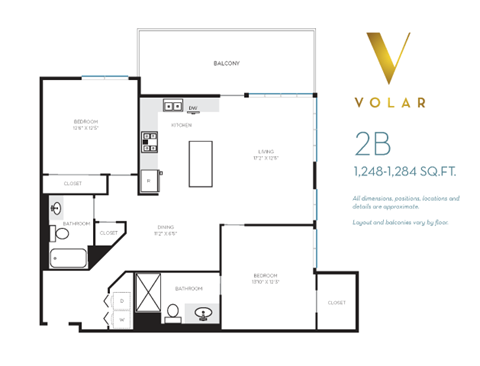 Floor plan for 2 beds, 2 baths, 1284 sqft