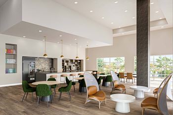 Community clubhouse with dining tables and coffee bar