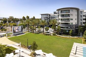 Central lawn with outdoor movie screen and curved buildings