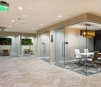 Modern conference rooms with glass walls and herringbone flooring