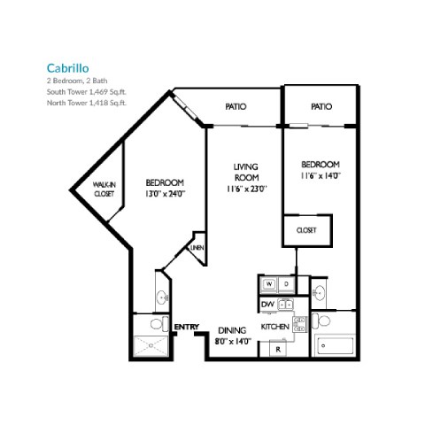 Floor plan for 2 beds, 2 baths, 1418 sqft