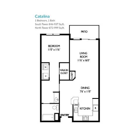 Floor plan for 1 bed, 1 bath, 999 sqft