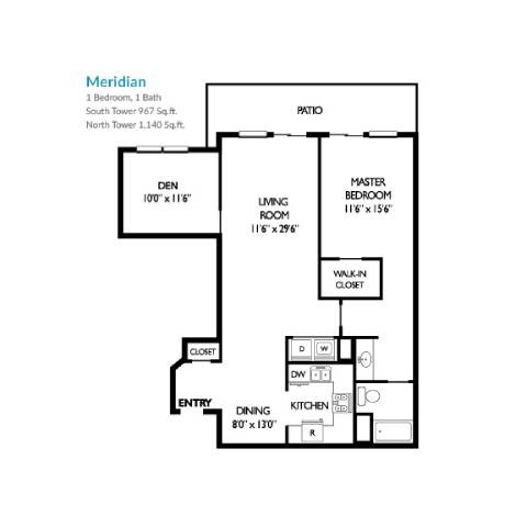 Floor plan for 1 bed, 1 bath, 1140 sqft