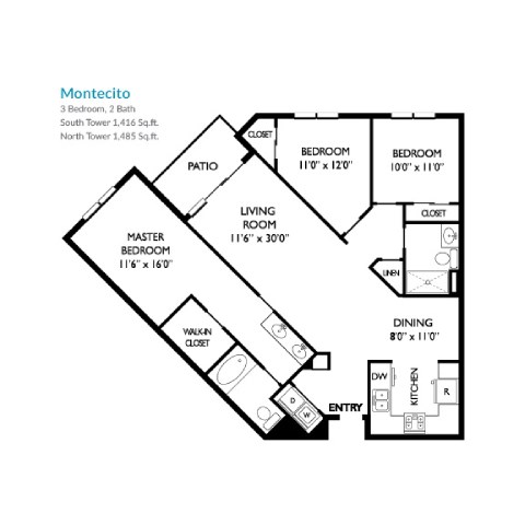 Floor plan for 3 beds, 2 baths, 1485 sqft