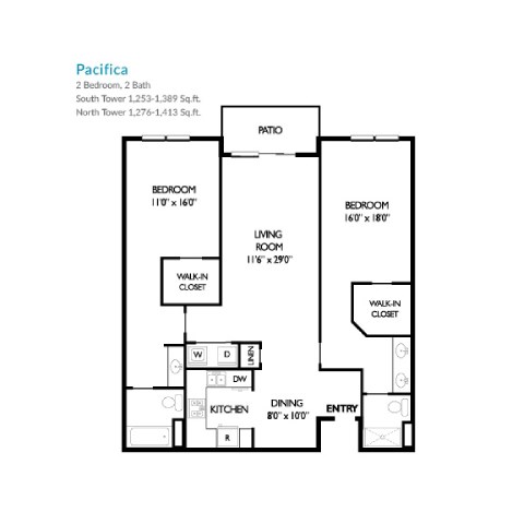 Floor plan for 2 beds, 2 baths, 1413 sqft