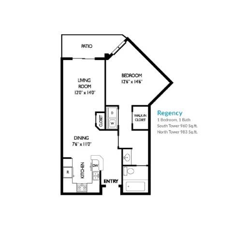 Floor plan for 1 bed, 1 bath, 983 sqft