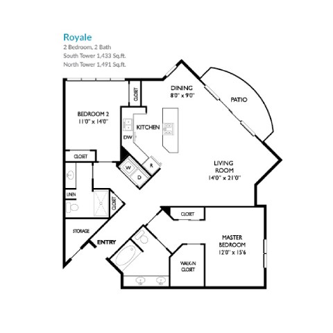 Floor plan for 2 beds, 2 baths, 1491 sqft