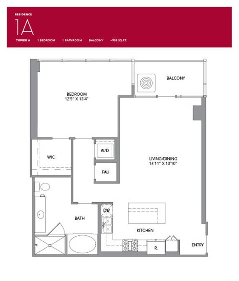 Floor plan for 1 bed, 1 bath, 908 sqft