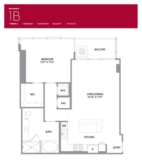 Floor plan for 1 bed, 1 bath, 907 sqft