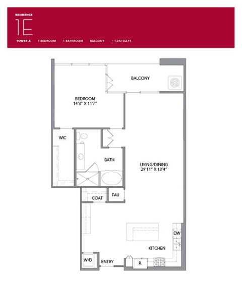 Floor plan for 1 bed, 1 bath, 1212 sqft