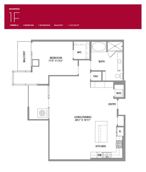 Floor plan for 1 bed, 1 bath, 1147 sqft