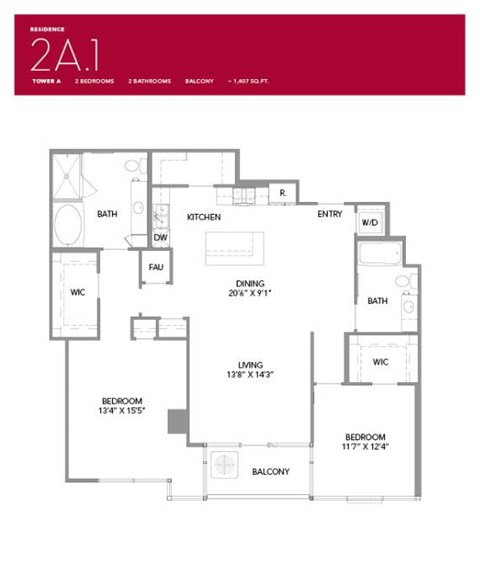 Floor plan for 2 beds, 2 baths, 1407 sqft