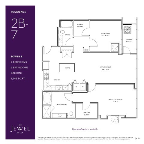 Floor plan for 2 beds, 2 baths, 1392 sqft