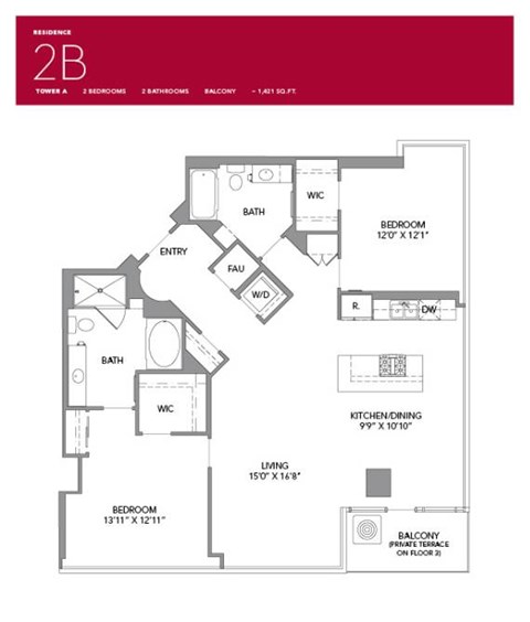 Floor plan for 2 beds, 2 baths, 1421 sqft
