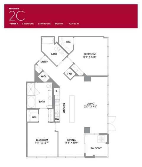 Floor plan for 2 beds, 2 baths, 1578 sqft
