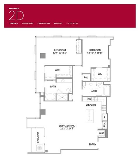 Floor plan for 2 beds, 2 baths, 1739 sqft