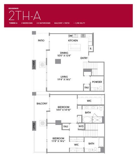 Floor plan for 2 beds, 2.5 baths, 1745 sqft