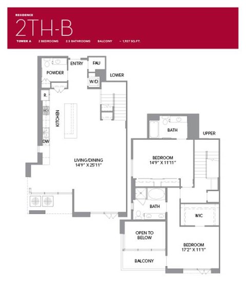 Floor plan for 2 beds, 2.5 baths, 1927 sqft