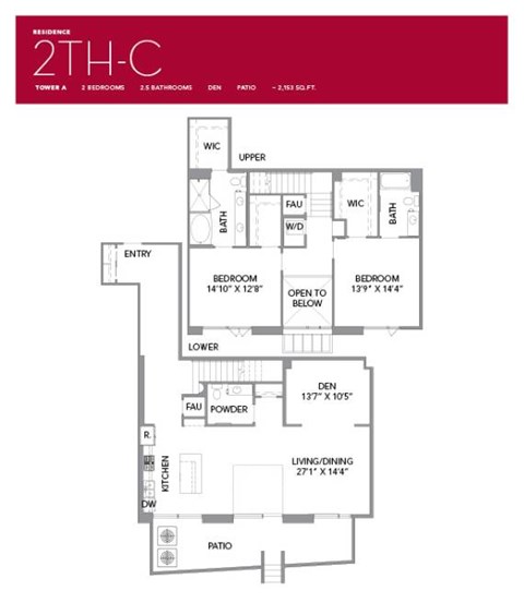 Floor plan for 2 beds, 2.5 baths, 2153 sqft