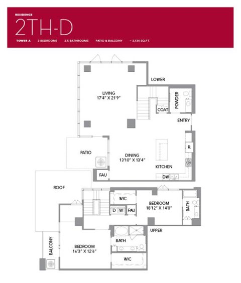 Floor plan for 2 beds, 2.5 baths, 2134 sqft