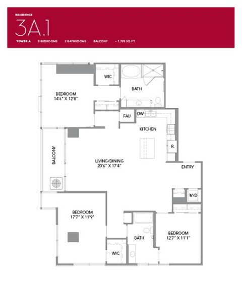 Floor plan for 3 beds, 2 baths, 1705 sqft