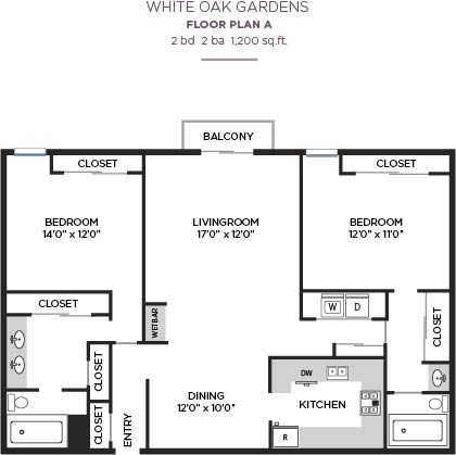 Floor plan for 2 beds, 2 baths, 1270 sqft