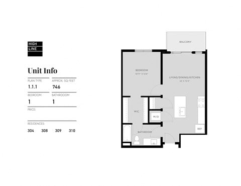 Floor plan for 1 bed, 1 bath, 746 sqft