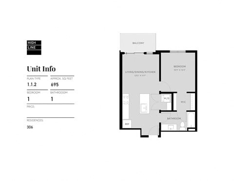 Floor plan for 1 bed, 1 bath, 695 sqft