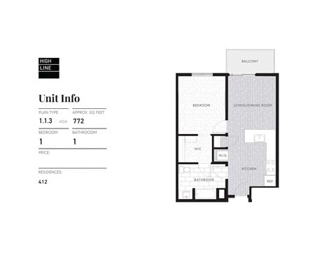 Floor plan for 1 bed, 1 bath, 694 sqft