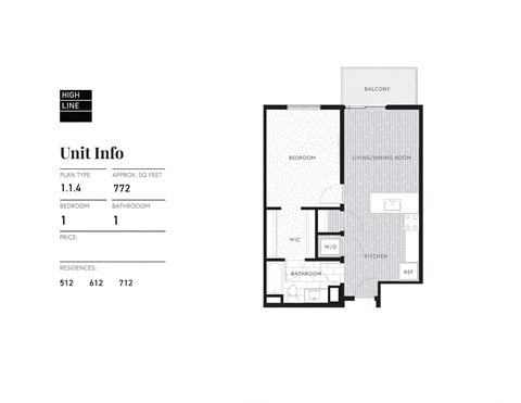 Floor plan for 1 bed, 1 bath, 772 sqft
