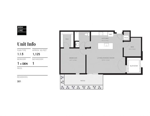 Floor plan for 1 bed, 1 bath, 996 sqft