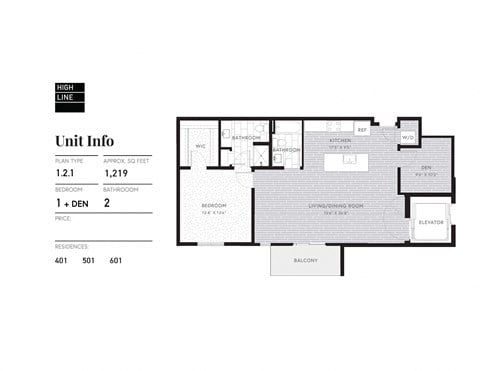 Floor plan for 1 bed, 2 baths, 1219 sqft
