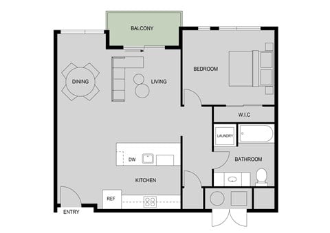 Floor plan for 1 bed, 1 bath, 750 sqft