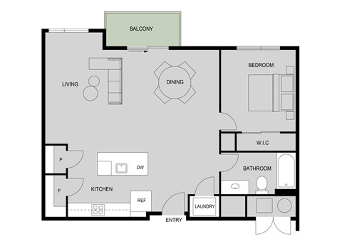 Floor plan for 1 bed, 1 bath, 807 sqft