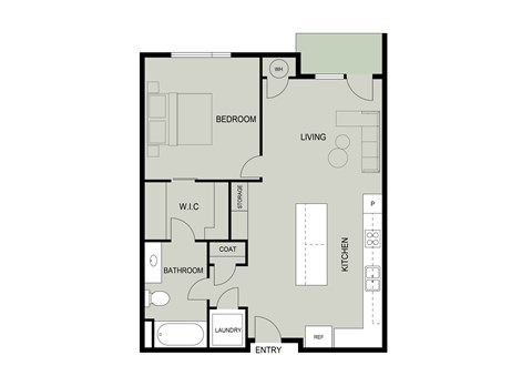 Floor plan for 1 bed, 1 bath, 665 sqft