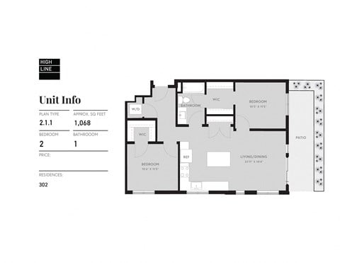 Floor plan for 2 beds, 1 bath, 994 sqft