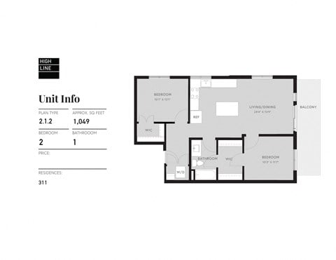 Floor plan for 2 beds, 1 bath, 983 sqft