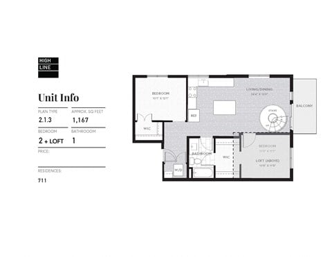 Floor plan for 2 beds, 1 bath, 1167 sqft
