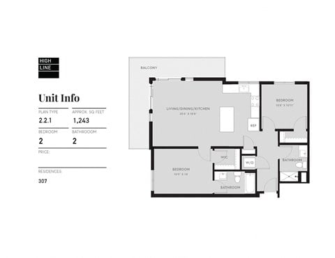 Floor plan for 2 beds, 2 baths, 1196 sqft