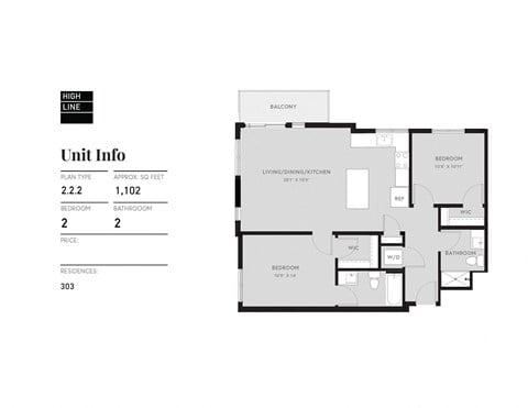 Floor plan for 2 beds, 2 baths, 1102 sqft