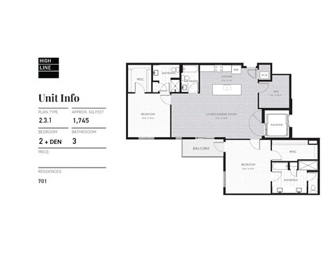 Floor plan for 2 beds, 3 baths, 1764 sqft