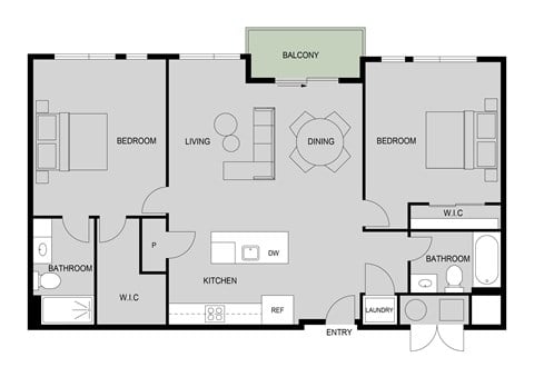 Floor plan for 2 beds, 2 baths, 1067 sqft