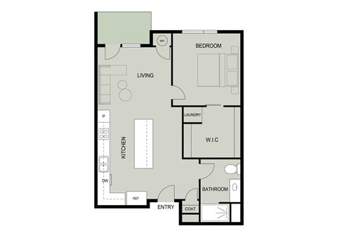Floor plan for 1 bed, 1 bath, 665 sqft