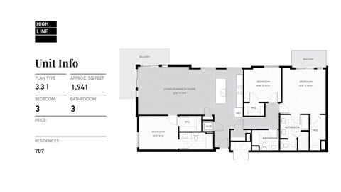 Floor plan for 3 beds, 3 baths, 1884 sqft