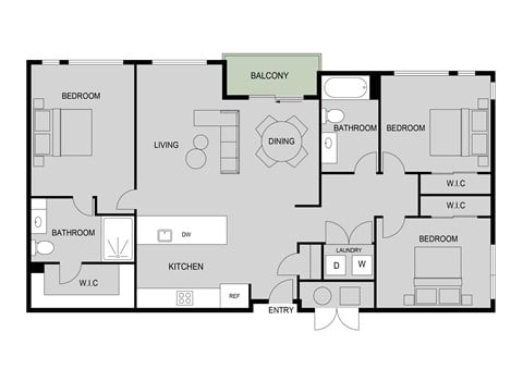 Floor plan for 3 beds, 2 baths, 1249 sqft