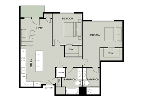Floor plan for 2 beds, 2 baths, 960 sqft