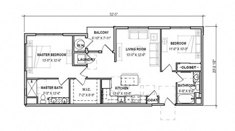 Floor plan for 2 beds, 2 baths, 1162 sqft