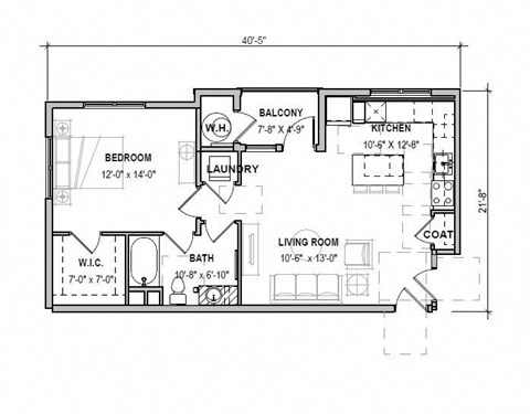 Floor plan for 1 bed, 1 bath, 791 sqft